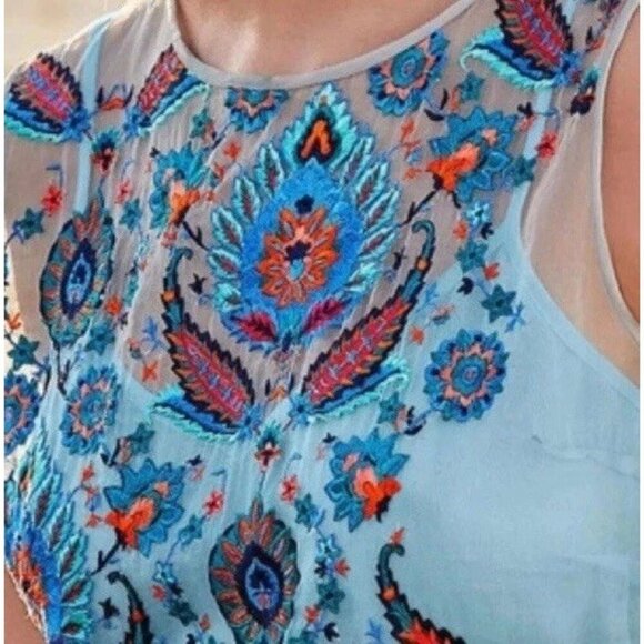 Sundance Catalog Top Women’s Sz XS Thermal BOHO Embroidered Shirt Blue Summer - Picture 4 of 14
